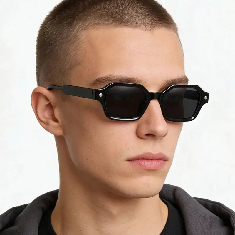 SHAUNA small polygon-square sunglasses, black frame with dark lenses and rivet accents – Astroshadez