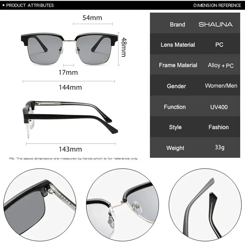 SHAUNA retro square semi-metal fashion sunglasses with black frame and gold bridge, gradient gray lenses – Astroshadez