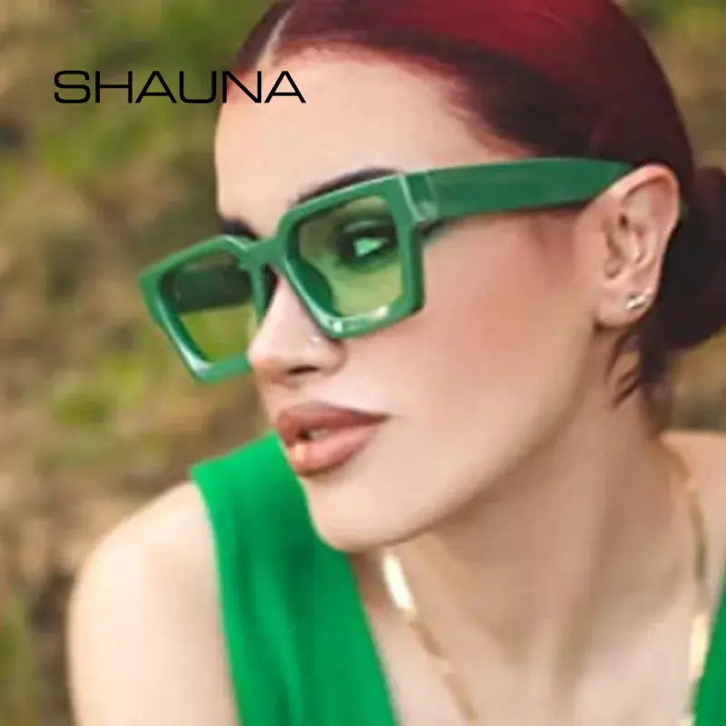SHAUNA square sunglasses with a thick green frame and green tinted lenses, retro style – Astroshadez