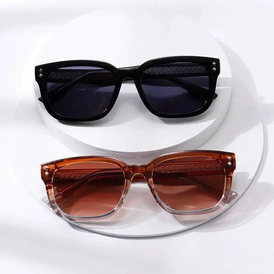 SHAUNA square sunglasses set (2): black rivet-accented frames with dark lenses; brown gradient frames – Astroshadez