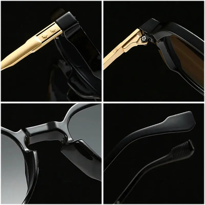 SHAUNA Retro Oval sunglasses, black frame with gold-tone rivet temples and brown gradient lenses – Astroshadez