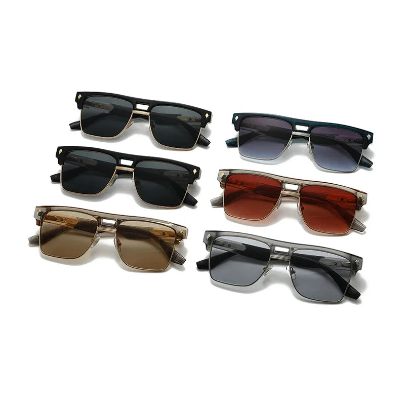 SHAUNA Oversize Half Frames Double Bridges Retro Men Square Sunglasses Fashion Luxury Women Rivets Trending Shades UV400