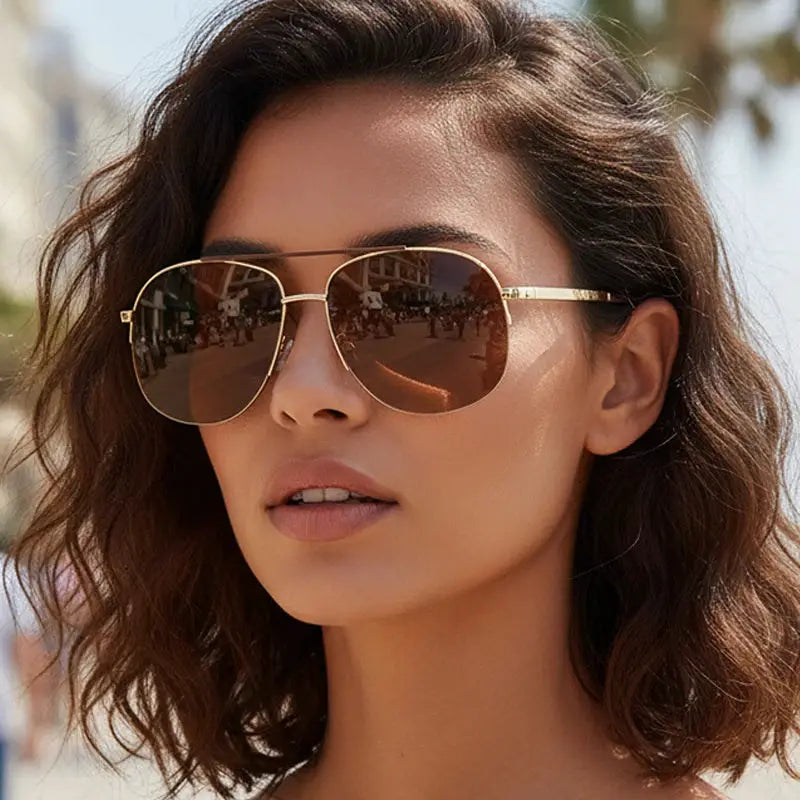 SHAUNA retro metal double-bridge pilot sunglasses with gradient brown lenses, gold frame – Astroshadez