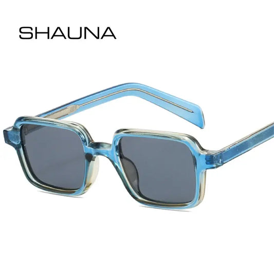 SHAUNA square sunglasses with blue translucent frame and dark gray lenses – Astroshadez