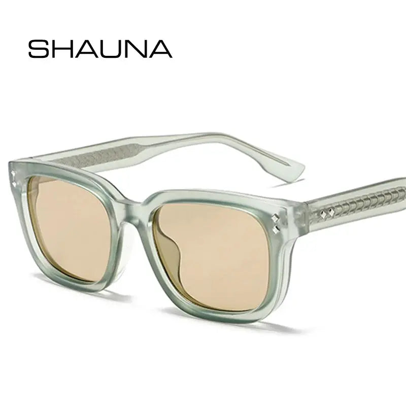 SHAUNA square sunglasses with translucent aqua frame and gradient tan lenses, retro rivet accents – Astroshadez