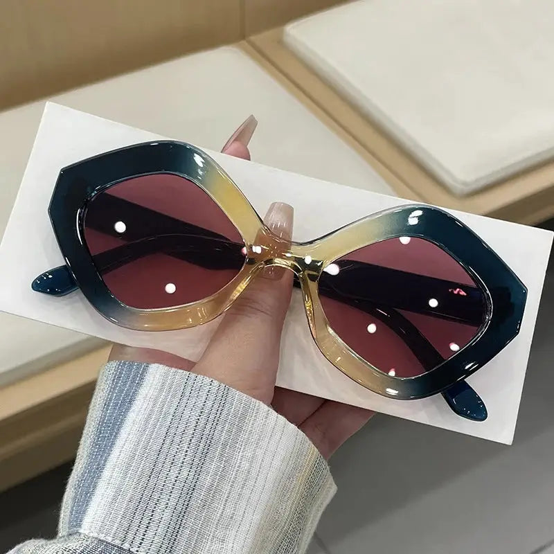 SHAUNA retro irregular polygon cat-eye sunglasses with blue-teal gradient frame and pink-brown lenses – Astroshadez