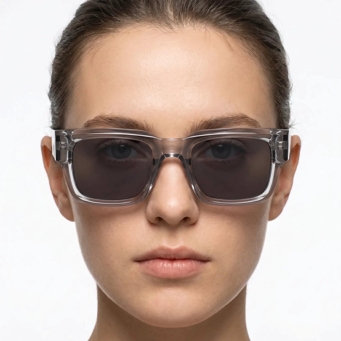 Aurelia Clear Acetate Square Gradient Sunglasses with transparent frame and dark gradient lenses – Astroshadez
