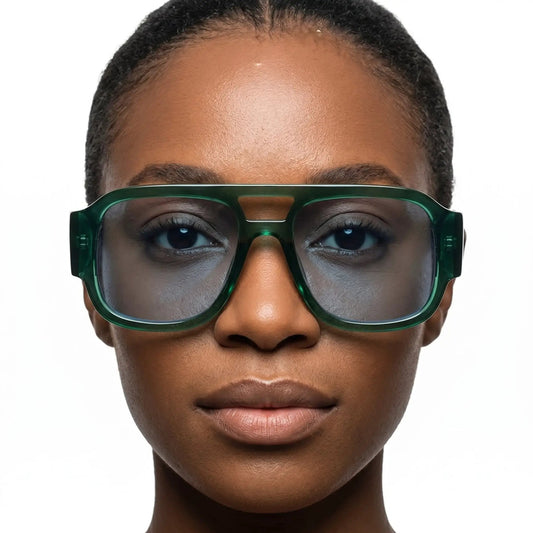 Caelith tortoise double-bridge square sunglasses with green translucent frame and gray lenses – Astroshadez