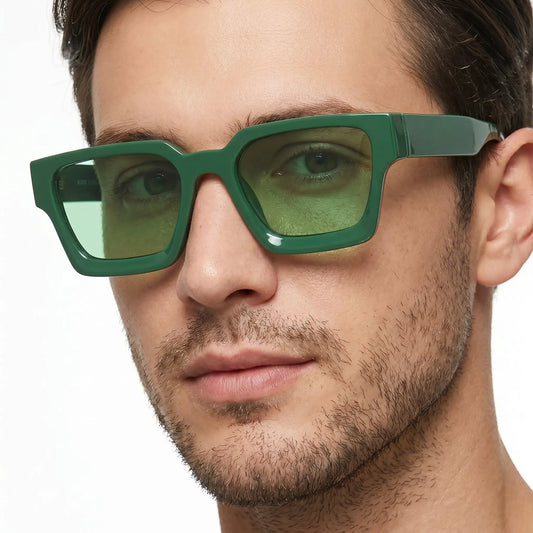 Solarae Green Acetate Square Sunglasses with bold green frame and matching green lenses – Astroshadez