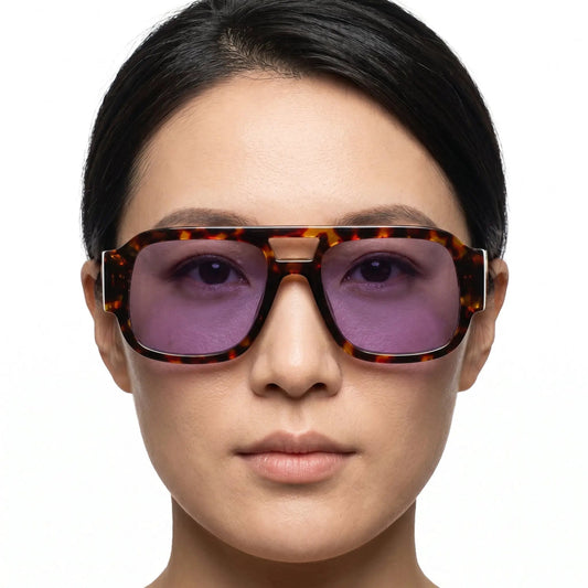 Aurex tortoiseshell oversized square sunglasses with a double-bridge and purple lenses – Astroshadez