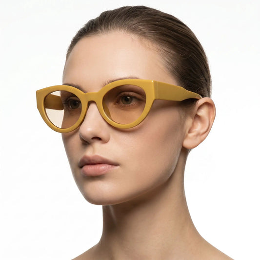 Aethera mustard acetate cat-eye sunglasses with bold mustard frame and brown gradient lenses – Astroshadez