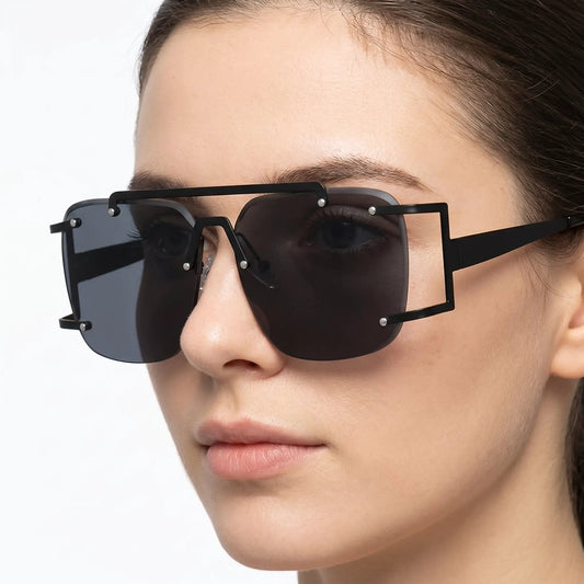 Aethron black metal double-bridge square gradient sunglasses with gradient lenses – Astroshadez