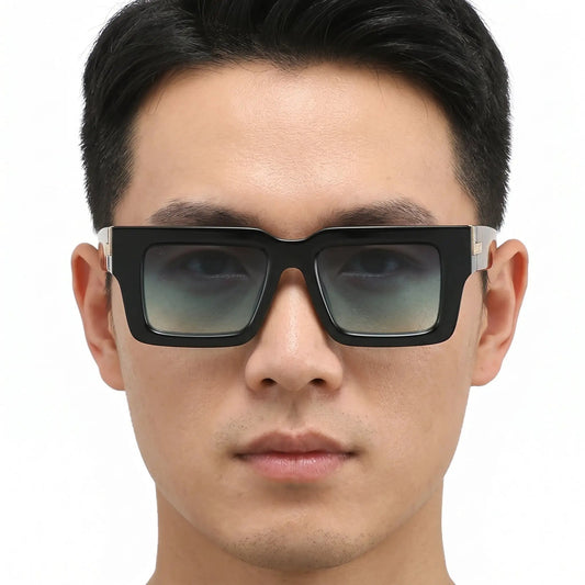 Quorion Retro Square Sunglasses with black frame, gradient gray lenses, gold-tone temple accents – Astroshadez