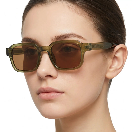 Aurex translucent amber sunglasses with polarized brown lenses and rectangular frame – Astroshadez