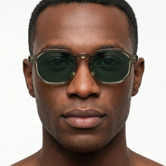 Aureliantis Amber Polarized Sunglasses with rectangular amber acetate frames and green lenses – Astroshadez