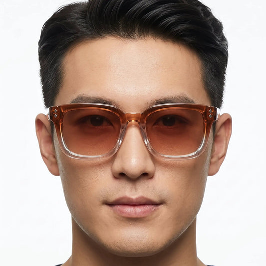Aurexion Amber Gradient Square sunglasses with a translucent amber frame and amber gradient lenses – Astroshadez