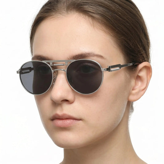Aurex silver round metal-frame sunglasses with dark gray lenses – Astroshadez