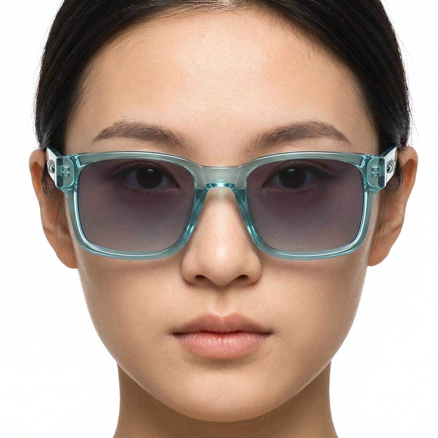 Aurelius teal acetate square polarized sunglasses with translucent teal frame and dark lenses – Astroshadez