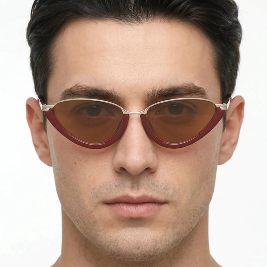 Auroria Burgundy Metallic Cat-Eye Sunglasses with brown lenses and gold-tone bridge – Astroshadez