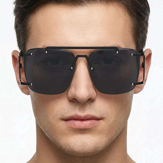 Black metal Aethron double-bridge square sunglasses with gradient lenses – Astroshadez