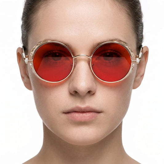 Aurelius Crimson Gold Round Steampunk Sunglasses with gold-tone frame and red-tinted lenses – Astroshadez