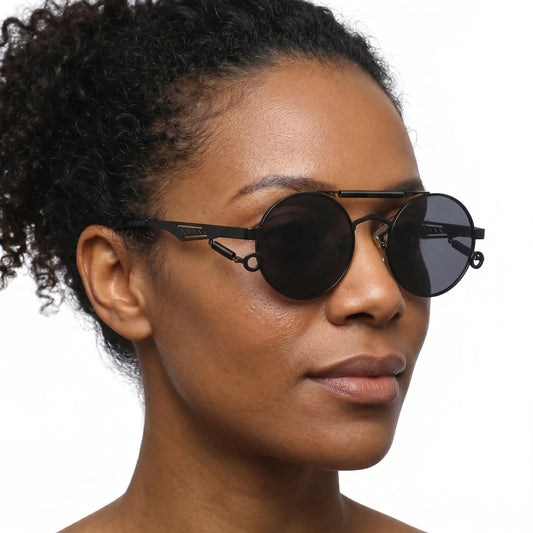Noctis matte black metal round double-bridge sunglasses with dark lenses – Astroshadez