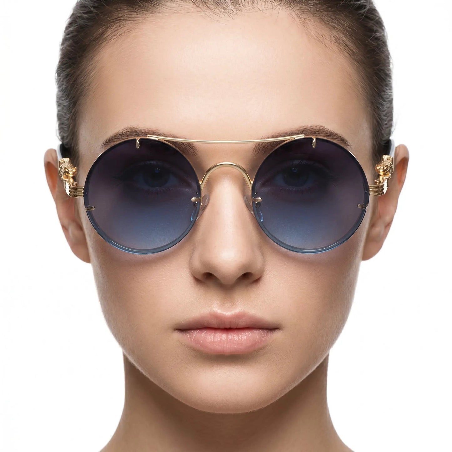 AureonLuxuria goldtone round metal sunglasses with gradient lenses and ornate temple detailing – Astroshadez