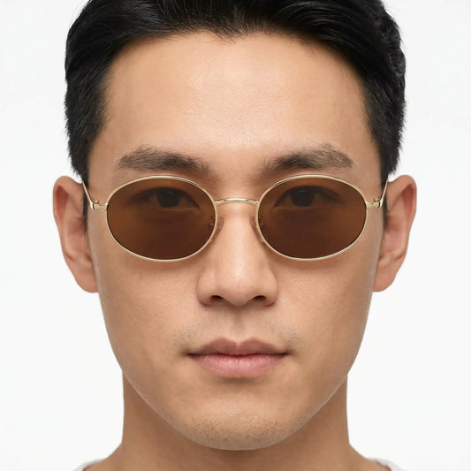 Solante Gold Metal Gradient Oval Sunglasses with gold frame and brown gradient lenses – Astroshadez