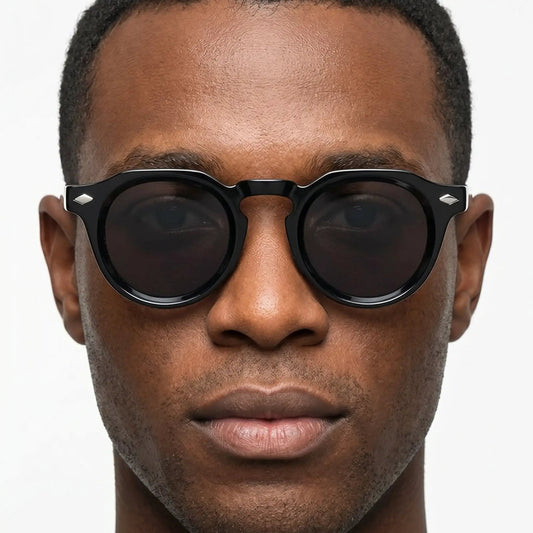 Aureon Onyx riveted round UV400 sunglasses with black frame and dark gray lenses – Astroshadez