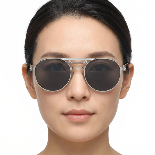 Aurelix silver metal round-frame sunglasses with dark gray lenses – Astroshadez
