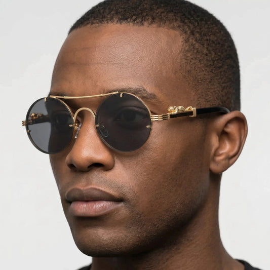 AureonLuxuria goldtone round sunglasses with dark lenses and gold detailing – Astroshadez