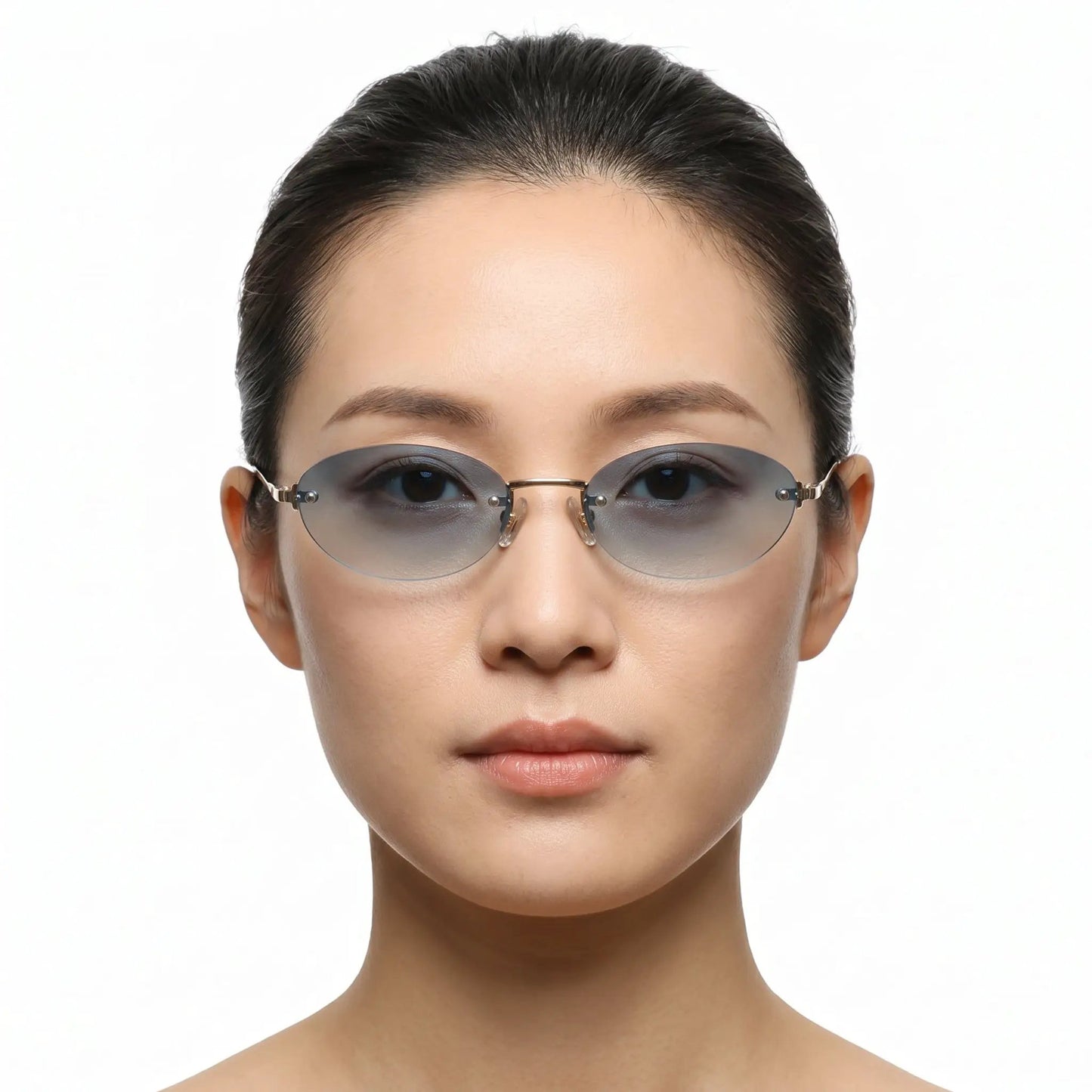Aurelius Gold Rimless Oval Gradient Sunglasses with thin gold frame and gray gradient lenses – Astroshadez
