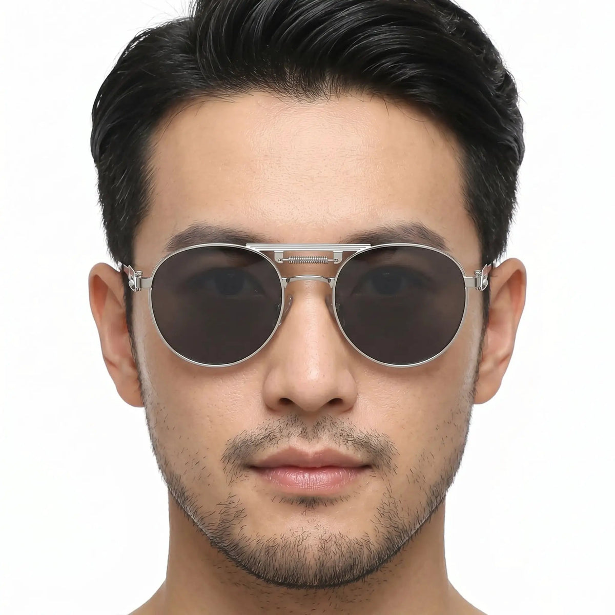 Aurelix silver metal round-frame sunglasses with dark lenses and brow-bar detail – Astroshadez