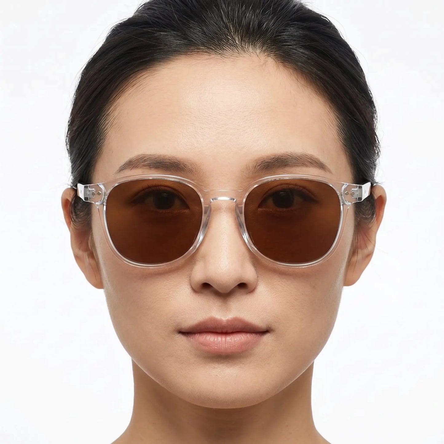 Clear round-frame sunglasses with brown lenses; transparent acetate frame, retro style – Astroshadez