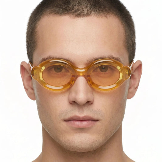 Elyndra sunglasses, translucent amber oval lenses, orange frame – Astroshadez