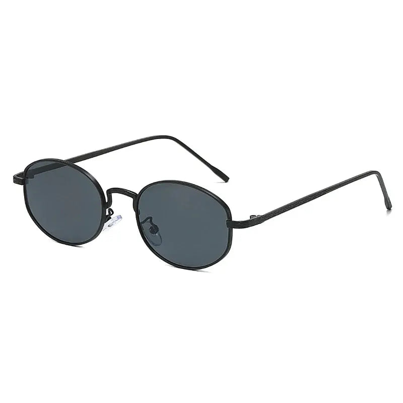 SHAUNA oval metal sunglasses with black frame and dark blue lenses – Astroshadez