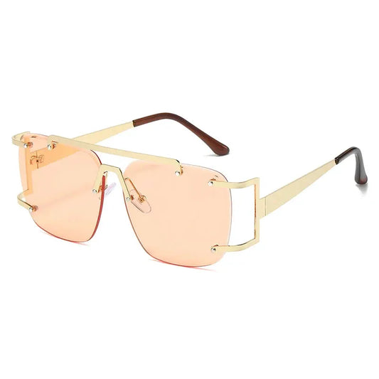 SHAUNA sunglasses: gold metal rimless square lenses with pink ocean gradient, double bridge, beige arms – Astroshadez