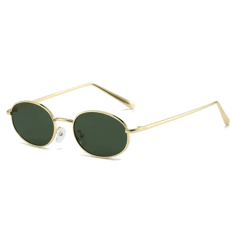 SHAUNA retro small oval metal frame sunglasses, gold frame with green UV400 lenses – Astroshadez