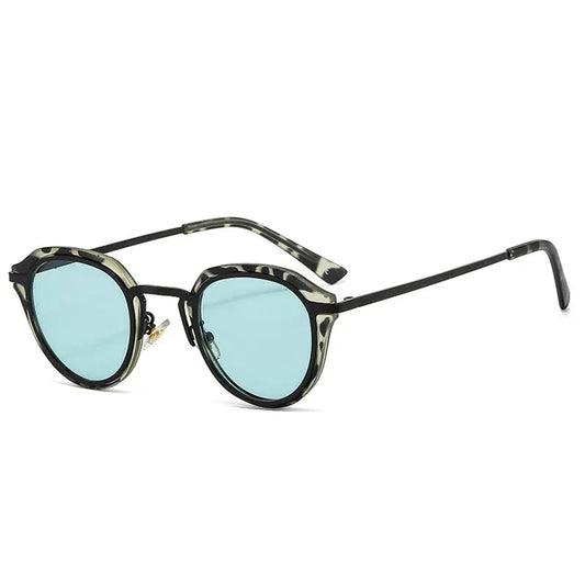 Oval sunglasses with camouflage frame and light blue lenses, retro fashion style – Astroshadez