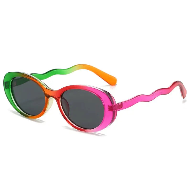 Sunglasses SHAUNA rainbow gradient oval frame with wavy dual-color arms and dark UV400 lenses – Astroshadez