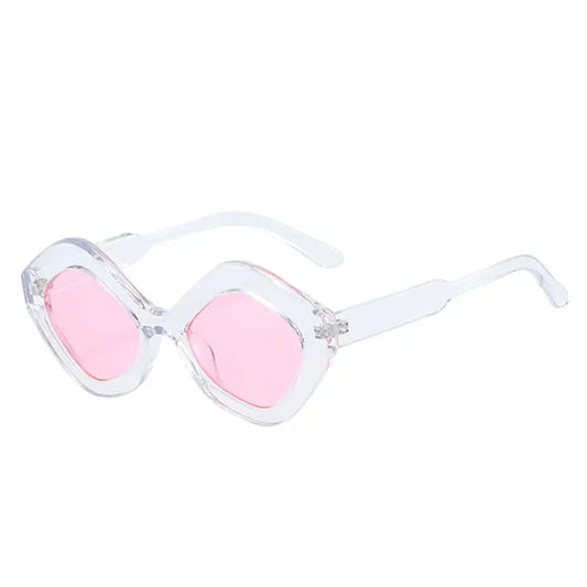 SHAUNA retro irregular polygon cat-eye sunglasses with clear frame and pink UV400 lenses – Astroshadez