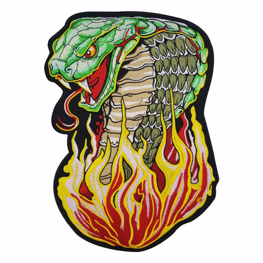 COBRA SNAKE GREEN FIRE FLAMES MC Biker Patch Set Iron On Vest Jacket Rocker Hells XL LARGE-ASTROSHADEZ.COM-ASTROSHADEZ.COM