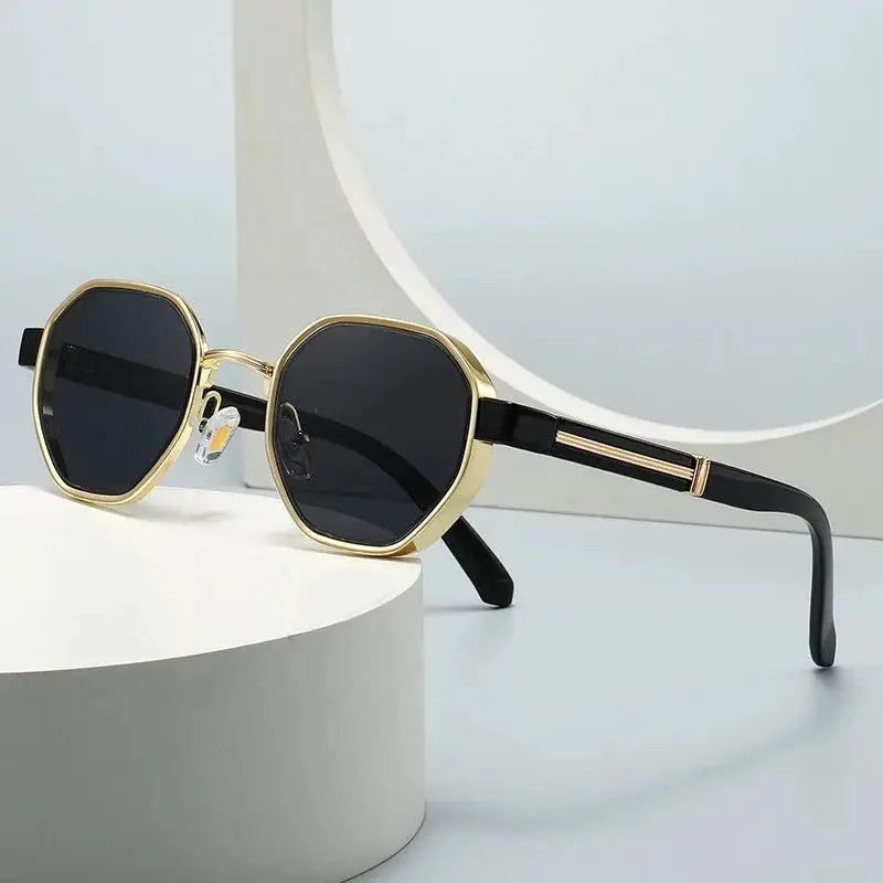 SHAUNA polygon metal square sunglasses, gold frame with black temples, dark gradient lenses– Astroshadez