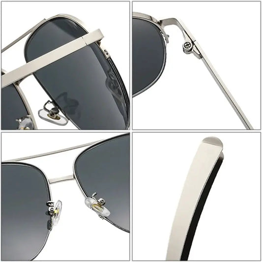 SHAUNA Retro metal double-bridge pilot sunglasses with gold frame and grey gradient lenses – Astroshadez