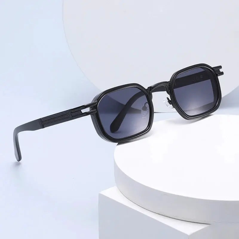 SHAUNA retro square metal sunglasses with black frame and gradient gray-blue lenses, UV400 – Astroshadez
