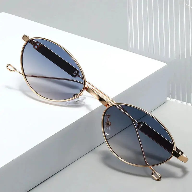 SHAUNA fashion metal cat-eye sunglasses, gold frame with blue gradient UV400 lenses – Astroshadez