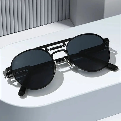 Round metal-frame sunglasses with black lenses and dark gradient tint; retro punk style – Astroshadez