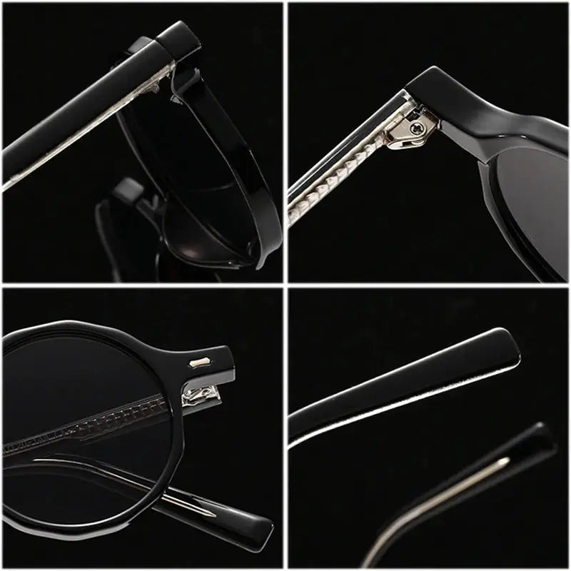 SHAUNA polygon round sunglasses with black frame and dark UV400 lenses, riveted metal arms – Astroshadez