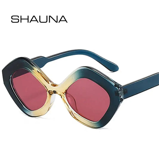 SHAUNA retro irregular polygon cat-eye sunglasses with blue-green frame and pink lenses – Astroshadez