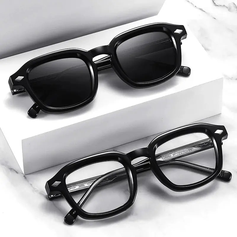 Two black square-frame sunglasses with retro rivet accents, thick frames and dark lenses, UV400 – Astroshadez